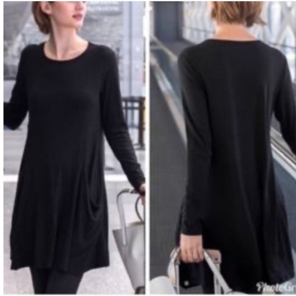 Betabrand Travel Sweatshirt Dress Womens L Black Silk Blend Long Sleeve Pockets